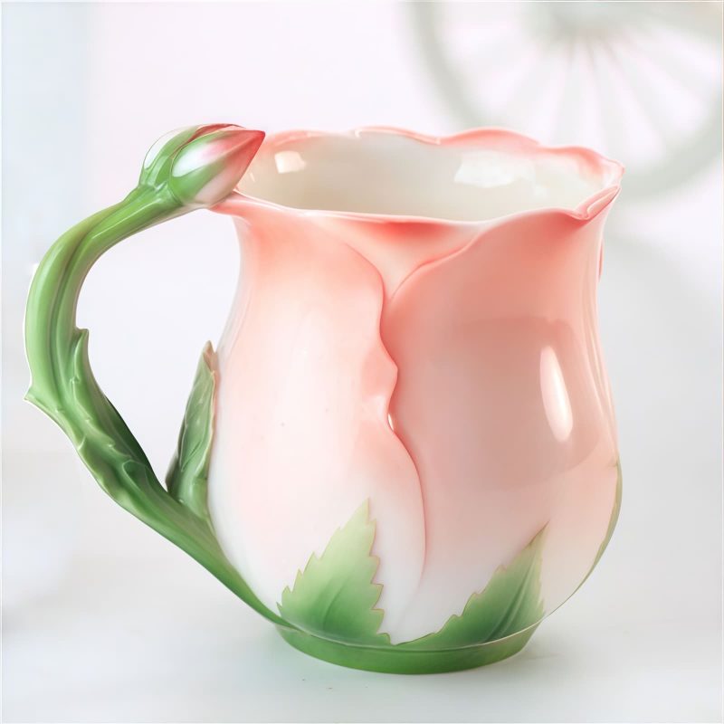 Tasse aus feinem Bone China mit Rosenknospen-Henkel und Blütenlöffel Rose Bone China Mug with Flower Handle & Spoon - Elegant Gift - 3