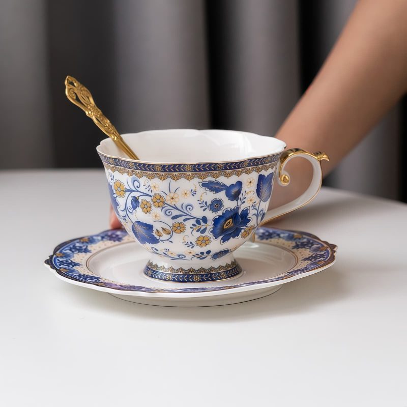 Vintage Tee-Set aus Porzellan mit blau-weißem Blumendekor Vintage Blue White Floral Porcelain Tea Cup & Saucer Set - 6