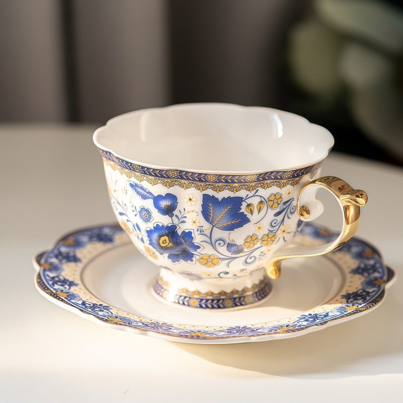 Vintage Tee-Set aus Porzellan mit blau-weißem Blumendekor Vintage Blue White Floral Porcelain Tea Cup & Saucer Set - 1