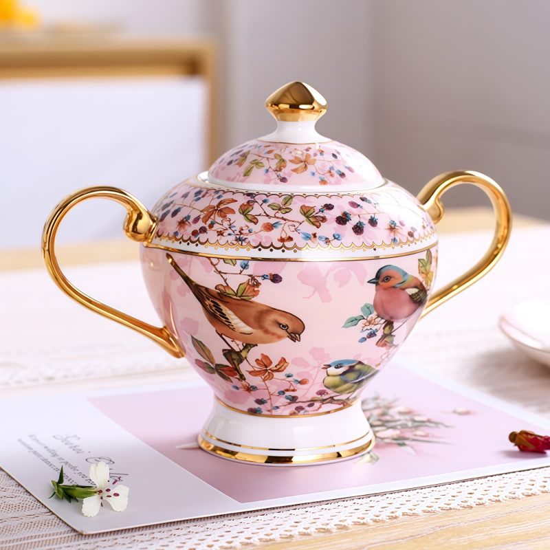 Zucker- und Milchset aus Bone China mit rosa Blumen- und Vogelmotiv Pink Floral Bird Bone China Sugar & Creamer Set | Elegant Teaware - 3