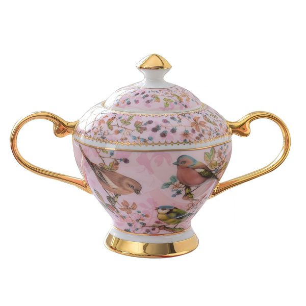 Zucker- und Milchset aus Bone China mit rosa Blumen- und Vogelmotiv