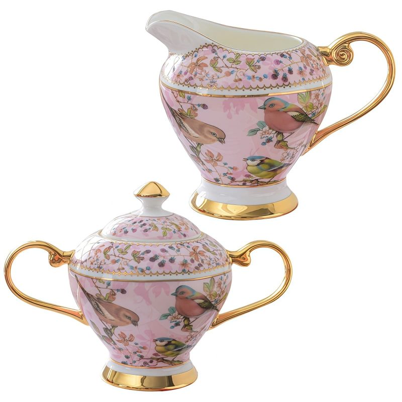 Zucker- und Milchset aus Bone China mit rosa Blumen- und Vogelmotiv Pink Floral Bird Bone China Sugar & Creamer Set | Elegant Teaware - 5