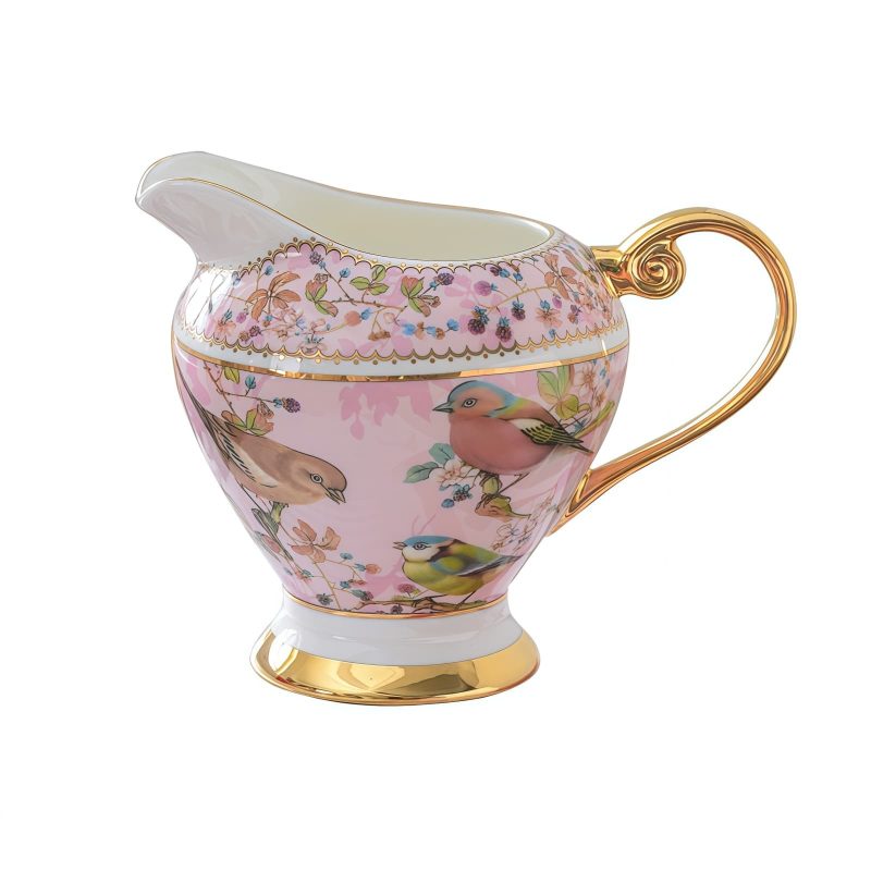 Zucker- und Milchset aus Bone China mit rosa Blumen- und Vogelmotiv Pink Floral Bird Bone China Sugar & Creamer Set | Elegant Teaware - 2
