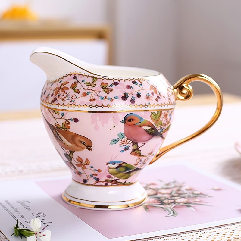 Zucker- und Milchset aus Bone China mit rosa Blumen- und Vogelmotiv Pink Floral Bird Bone China Sugar & Creamer Set | Elegant Teaware - 4