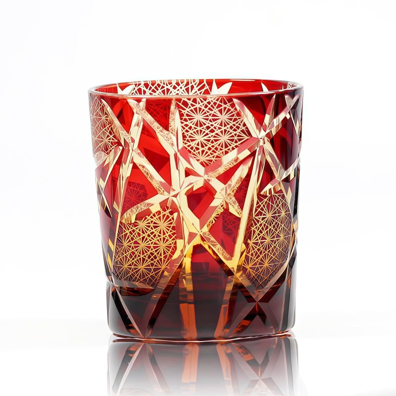 Handgefertigtes Edo-Kiriko Whiskyglas „Amber Black Lightning“ mit Holzbox Edo Kiriko Amber Black Lightning Whisky Glass with Wooden Box - 9
