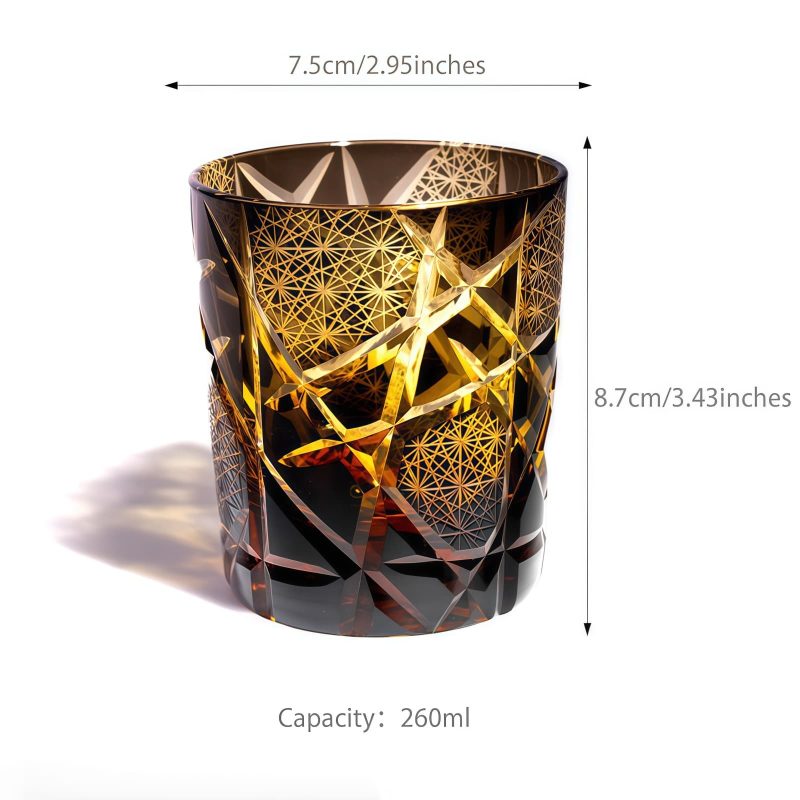 Handgefertigtes Edo-Kiriko Whiskyglas „Amber Black Lightning“ mit Holzbox Edo Kiriko Amber Black Lightning Whisky Glass with Wooden Box - 13