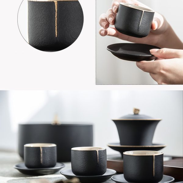 Chinesisches Gongfu-Teeservice aus Keramik – Schwarz-Gold mit Glanzfinish