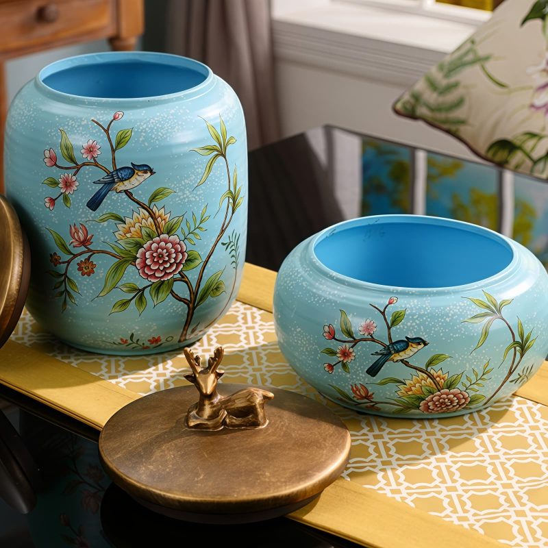 Grüne Keramik-Teedose mit Blumen- und Vogelmotiven & goldenem Hirschdeckel Green Floral Bird Ceramic Tea Caddy with Golden Deer Lid | Airtight Loose Tea Tin - 3