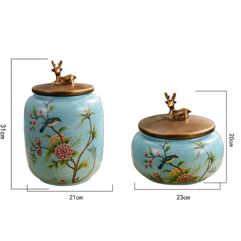 Grüne Keramik-Teedose mit Blumen- und Vogelmotiven & goldenem Hirschdeckel Green Floral Bird Ceramic Tea Caddy with Golden Deer Lid | Airtight Loose Tea Tin - 4