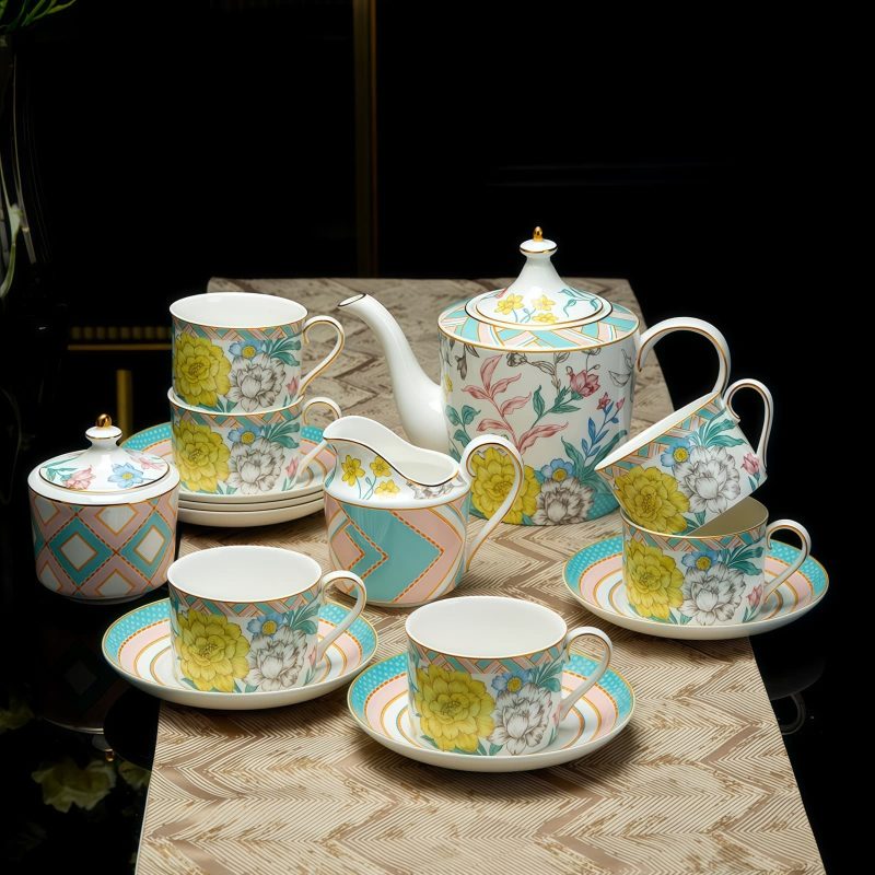 Milan Garden Teeservice aus Bone China – Englisches Teekannen-Set mit blau-rosa Chrysanthemen Milan Garden Bone China Teapot Set - English Style Chrysanthemum - 9