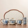 Vintage Blue & White Floral Ceramic Tea Set with Glass Tray - 6