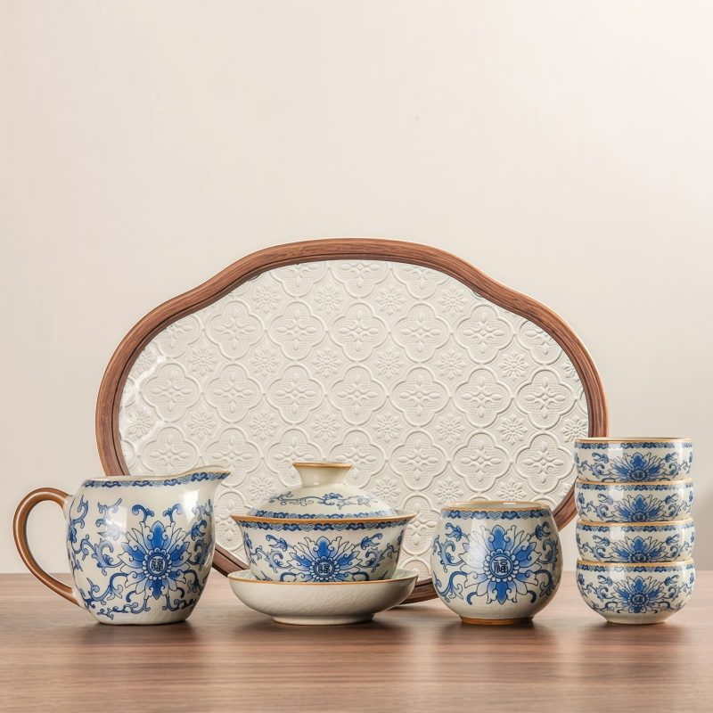Vintage Blue & White Floral Ceramic Tea Set with Glass Tray - 6