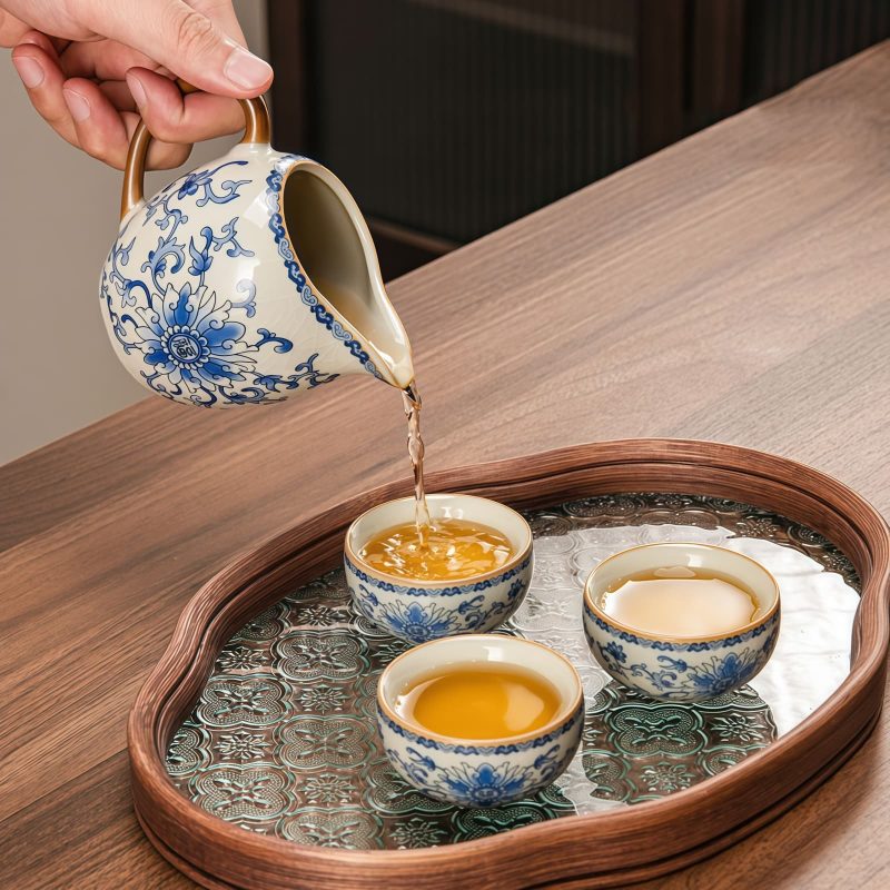 Vintage Blue & White Floral Ceramic Tea Set with Glass Tray - 4