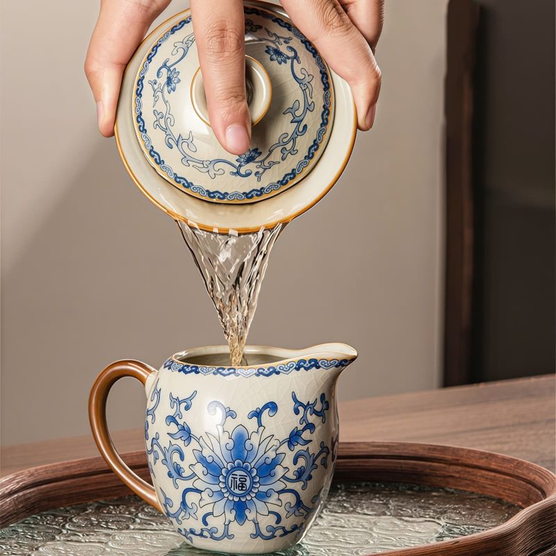 Vintage Blue & White Floral Ceramic Tea Set with Glass Tray - 3