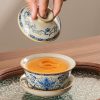 Vintage Blue & White Floral Ceramic Tea Set with Glass Tray - 2