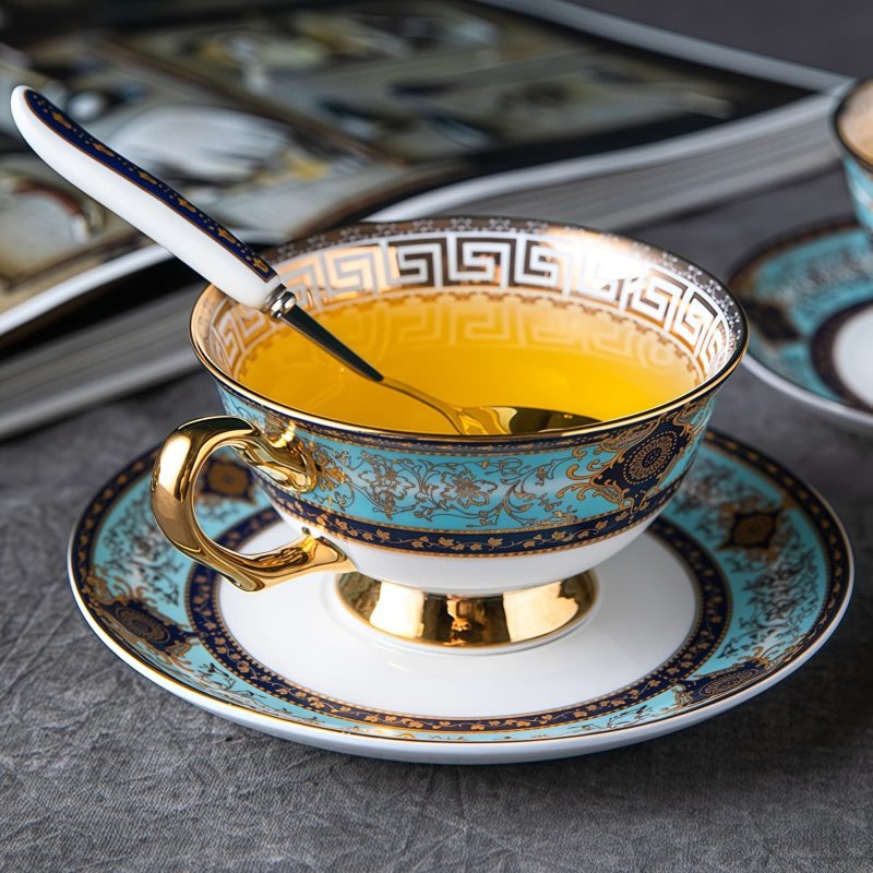 Bohemian Bone China Tea Cup & Saucer Set - Gold-Plated Handle - 1