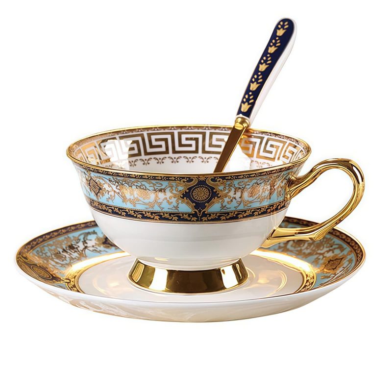 Bohemian Bone China Tea Cup & Saucer Set - Gold-Plated Handle - 6