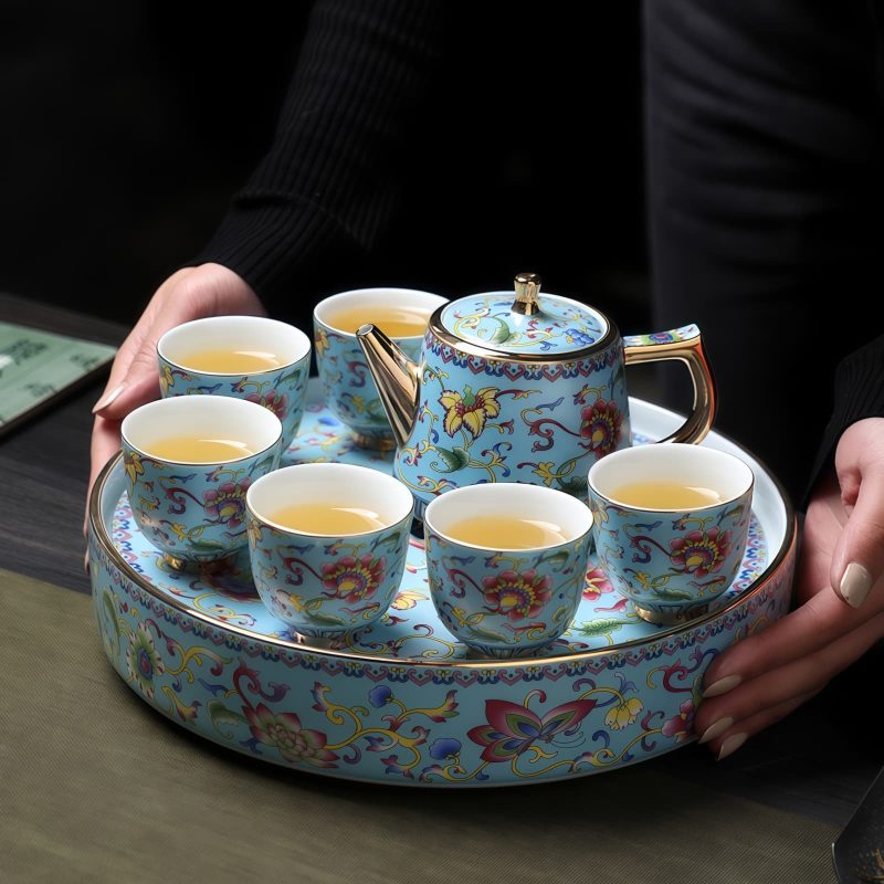 Handbemaltes chinesisches Porzellan-Tee-Set mit Emaille-Dekor und Tablett Hand-painted Enamel Chinese Porcelain Tea Set with Tray - 2