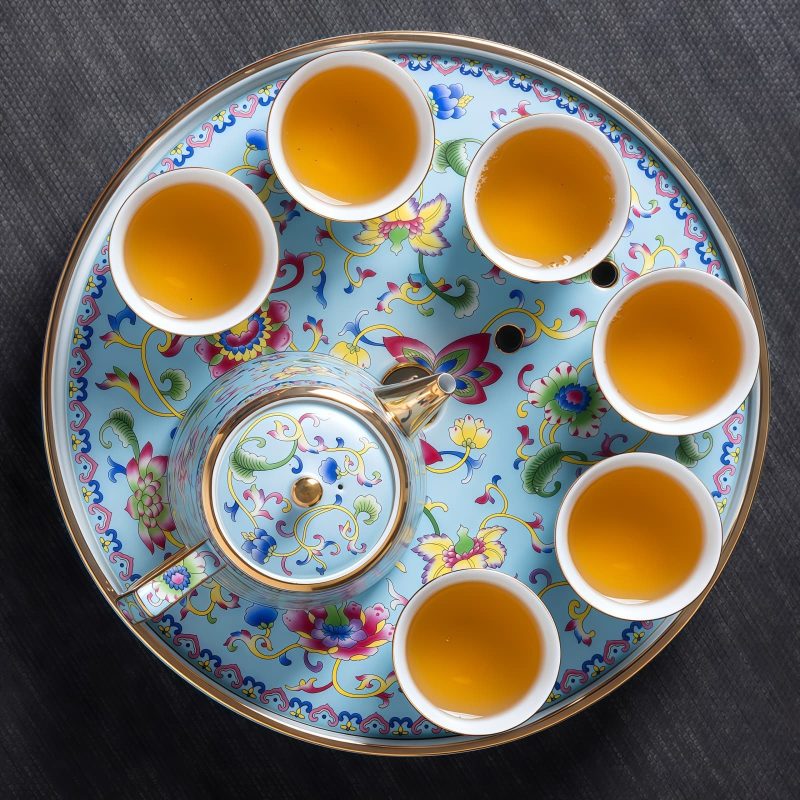 Handbemaltes chinesisches Porzellan-Tee-Set mit Emaille-Dekor und Tablett Hand-painted Enamel Chinese Porcelain Tea Set with Tray - 1