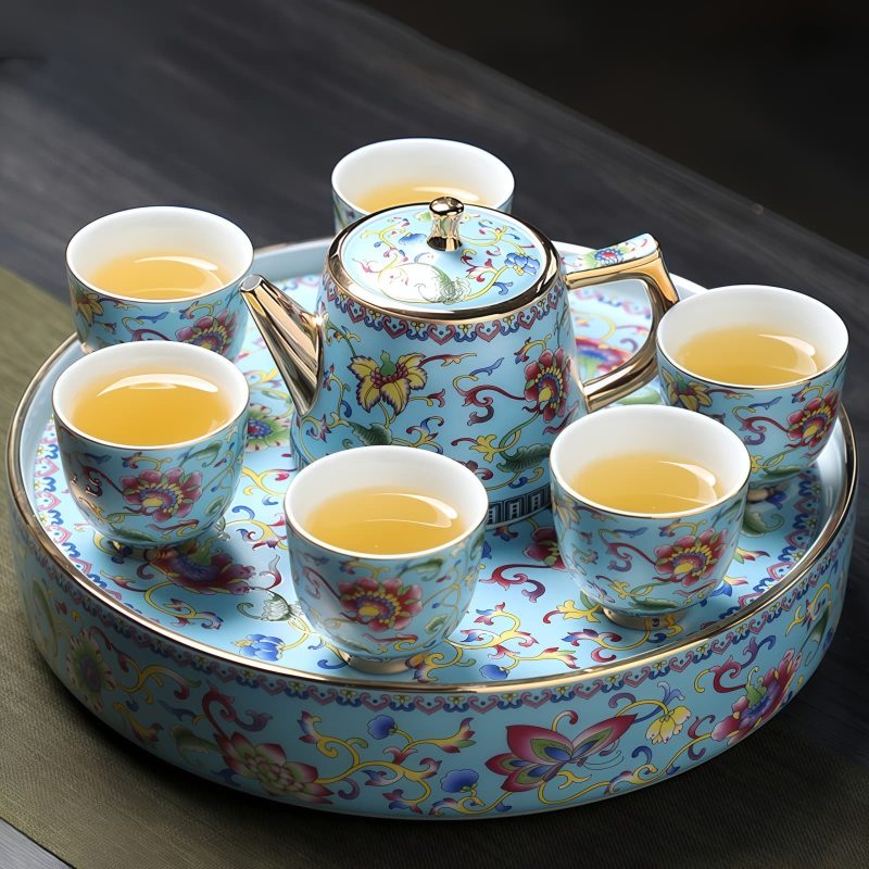 Handbemaltes chinesisches Porzellan-Tee-Set mit Emaille-Dekor und Tablett Hand-painted Enamel Chinese Porcelain Tea Set with Tray - 6