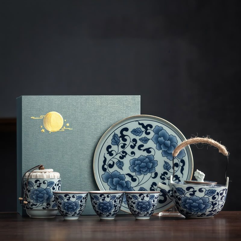 Traditionelles japanisches Keramik-Teeset in Blau-Weiß mit Tablett Blue & White Japanese Traditional Ceramic Tea Set with Tray - 9