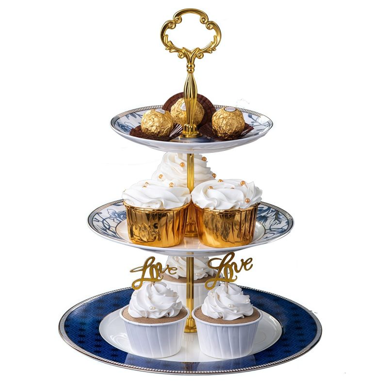 Etagere aus Bone China mit blau-weißem Yucca-Blütenmuster Blue White Yucca Floral Bone China Tiered Server | Elegant Dessert Display - 6