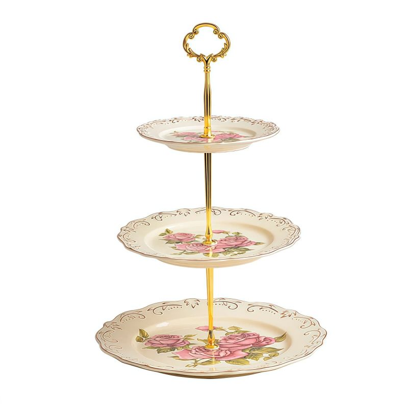 Dreistöckige Porzellan-Etagere „Vintage Rose“ mit goldener Metallstange Vintage Rose 3-Tiered Porcelain Cake Stand with Gold Pole - 6