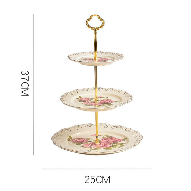 Dreistöckige Porzellan-Etagere „Vintage Rose“ mit goldener Metallstange Vintage Rose 3-Tiered Porcelain Cake Stand with Gold Pole - 5