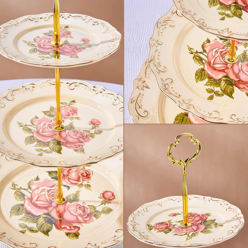 Dreistöckige Porzellan-Etagere „Vintage Rose“ mit goldener Metallstange Vintage Rose 3-Tiered Porcelain Cake Stand with Gold Pole - 3