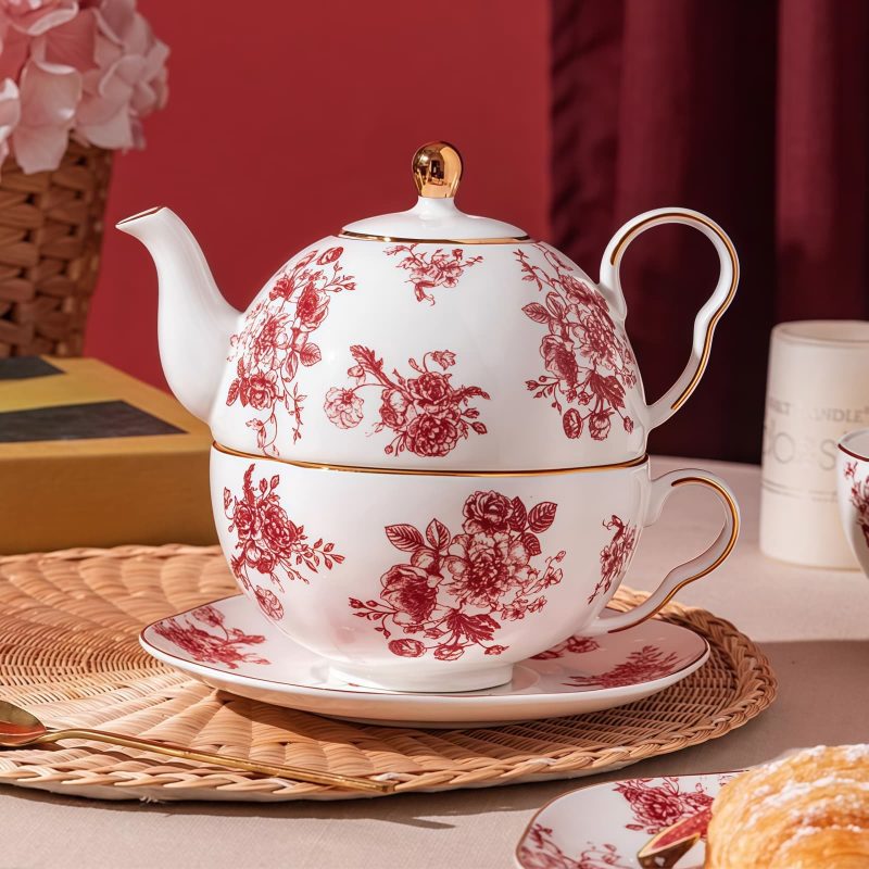 Red Rose Porcelain Tea Set for One with Gold Embellishments - 9
