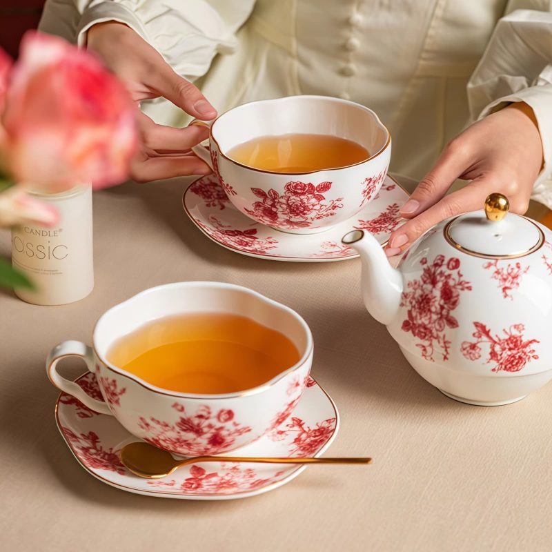 Red Rose Porcelain Tea Set for One with Gold Embellishments - 6