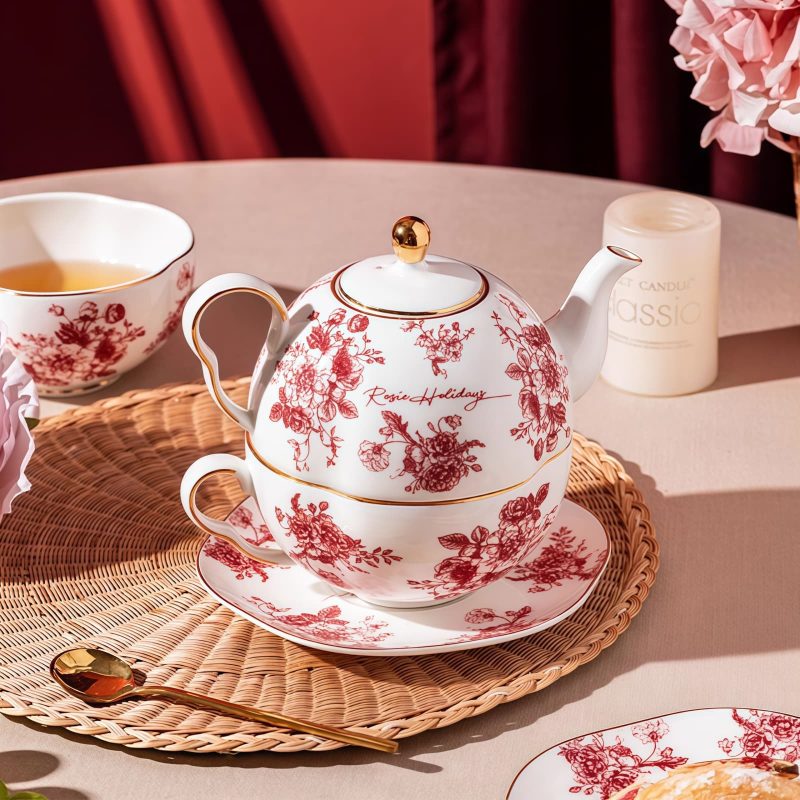 Red Rose Porcelain Tea Set for One with Gold Embellishments - 1