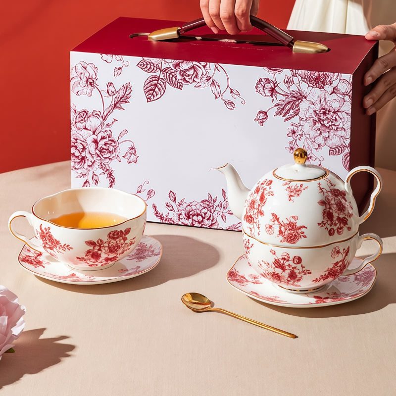 Red Rose Porcelain Tea Set for One with Gold Embellishments - 8