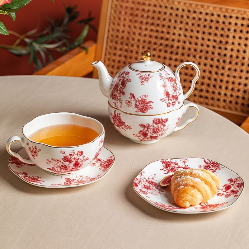Red Rose Porcelain Tea Set for One with Gold Embellishments - 7