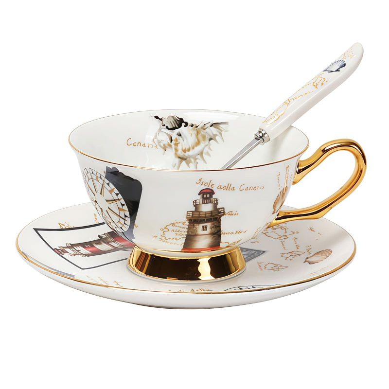 Teetasse und Unterteller Set aus Bone China im maritimen Design Ocean-Dreams Bone China Tea Cup & Saucer Set - Ocean-Inspired Design - 6