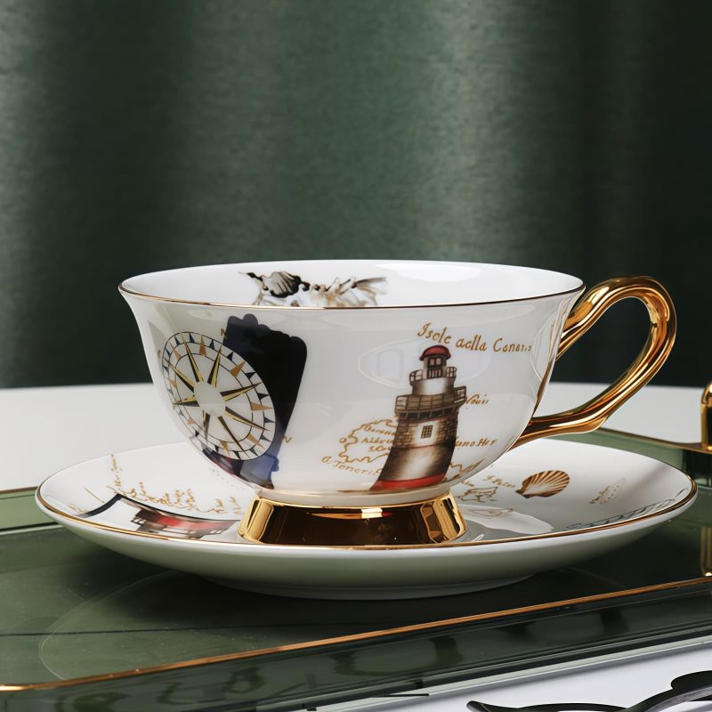 Teetasse und Unterteller Set aus Bone China im maritimen Design Ocean-Dreams Bone China Tea Cup & Saucer Set - Ocean-Inspired Design - 1