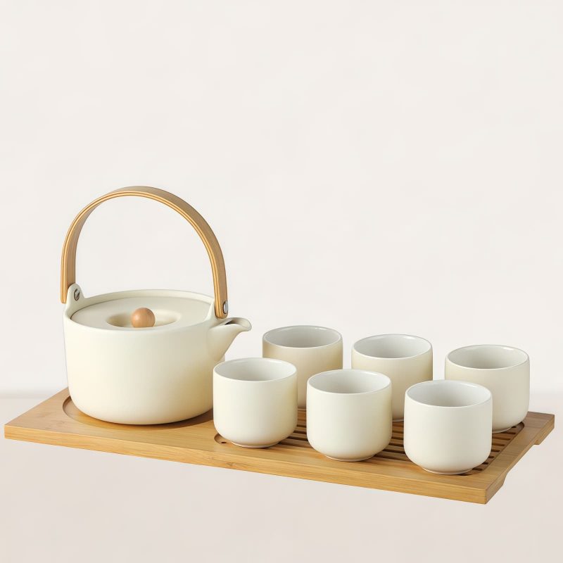 Modernes japanisches Keramik-Teeservice in Creme mit Tragegriff & Tablett Cream Modern Japanese Ceramic Tea Set with Lifting Handle & Tray - 6