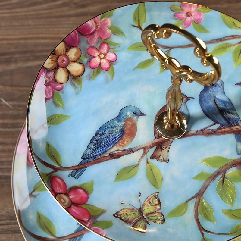 Etagere „Blue Bird Floral“ aus feinstem Bone China Blue Bird Floral Bone China Tiered Cake Stand - Elegant Dessert Server - 3