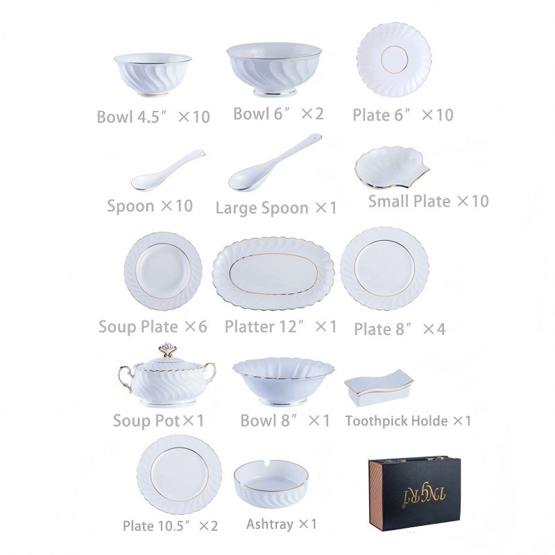 Handgefertigtes Bone-China-Geschirrset in Reinweiß mit Goldrand Pure White Handcrafted Bone China Dinnerware Set with Gold Edge - 14