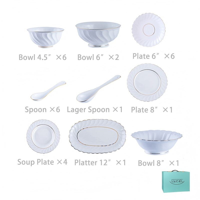 Handgefertigtes Bone-China-Geschirrset in Reinweiß mit Goldrand Pure White Handcrafted Bone China Dinnerware Set with Gold Edge - 8
