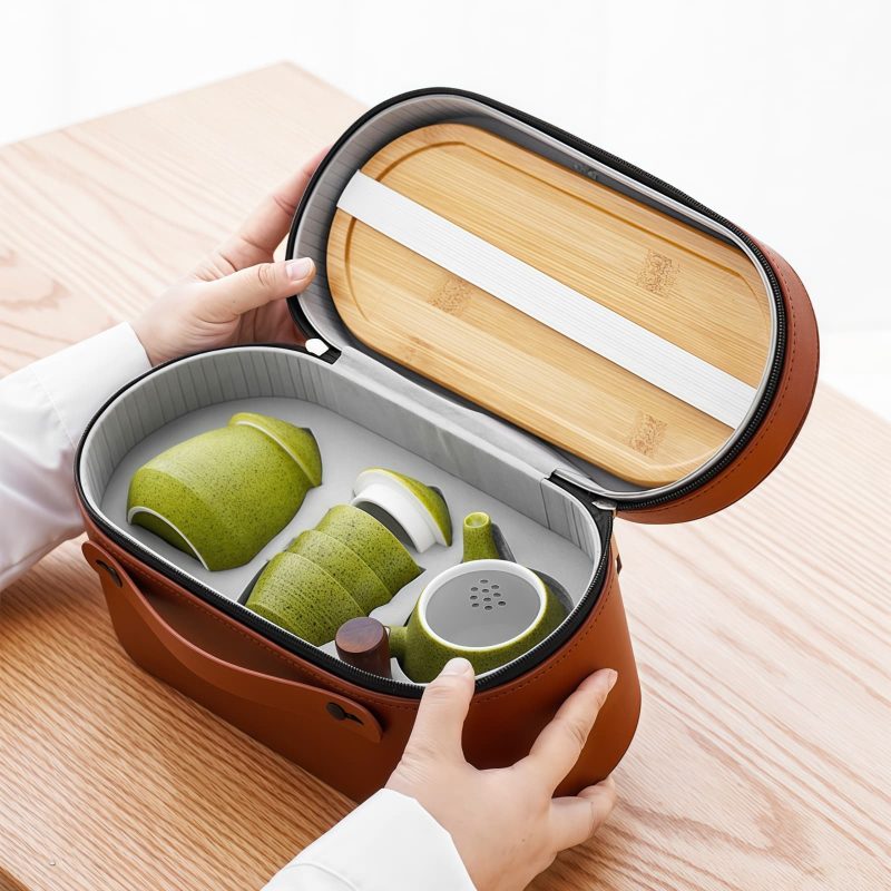 Mobiles Keramik-Tee-Set mit Schneeflocken-Glasur und Echtholzgriff Snowflake Glaze Ceramic Travel Tea Set with Wooden Handle & Case - 5