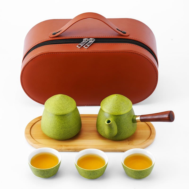 Mobiles Keramik-Tee-Set mit Schneeflocken-Glasur und Echtholzgriff Snowflake Glaze Ceramic Travel Tea Set with Wooden Handle & Case - 1
