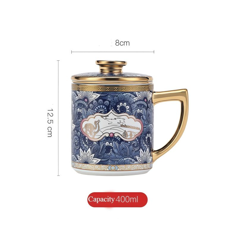 Teetasse aus Porzellan mit Seladon-Muster, Goldgriff, Goldrand, Teesieb und Deckel Celadon Porcelain Tea Mug with Gold Handle, Infuser & Lid | Elegant Steep Cup - 1