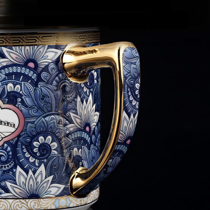 Teetasse aus Porzellan mit Seladon-Muster, Goldgriff, Goldrand, Teesieb und Deckel Celadon Porcelain Tea Mug with Gold Handle, Infuser & Lid | Elegant Steep Cup - 5