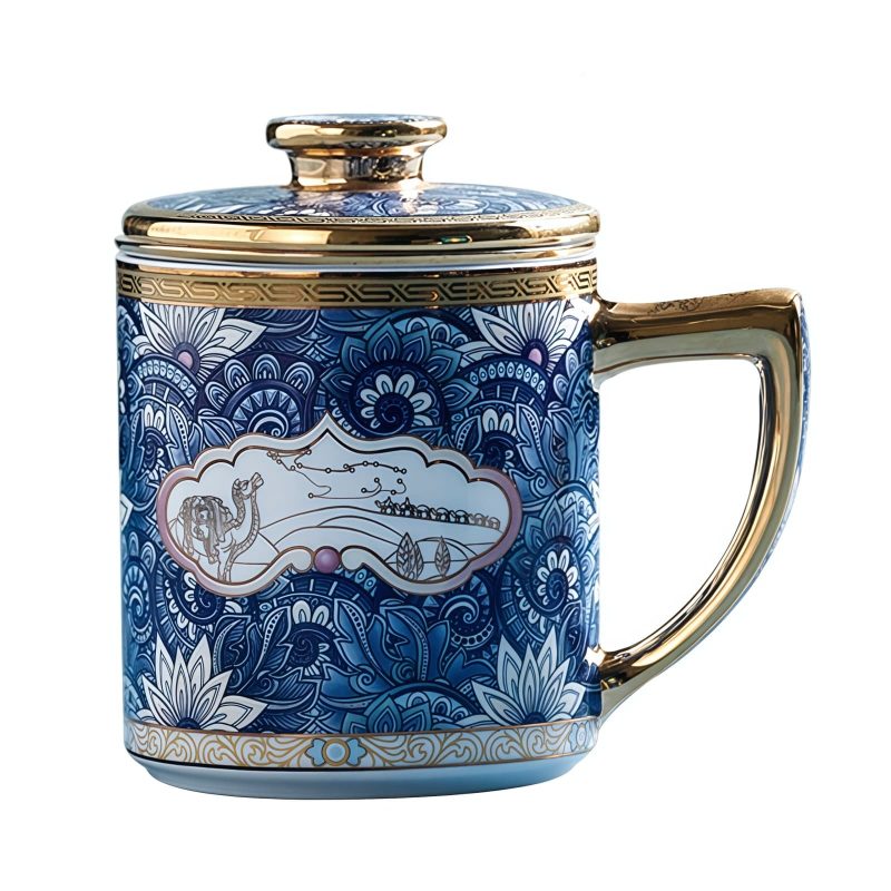 Teetasse aus Porzellan mit Seladon-Muster, Goldgriff, Goldrand, Teesieb und Deckel Celadon Porcelain Tea Mug with Gold Handle, Infuser & Lid | Elegant Steep Cup - 9