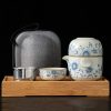 Blau-Weißes Vintage-Keramik Reise-Teeset mit Gaiwan, Sieb & Tasche Blue & White Vintage Ceramic Travel Gaiwan Tea Set w/ Strainer & Bag - 9