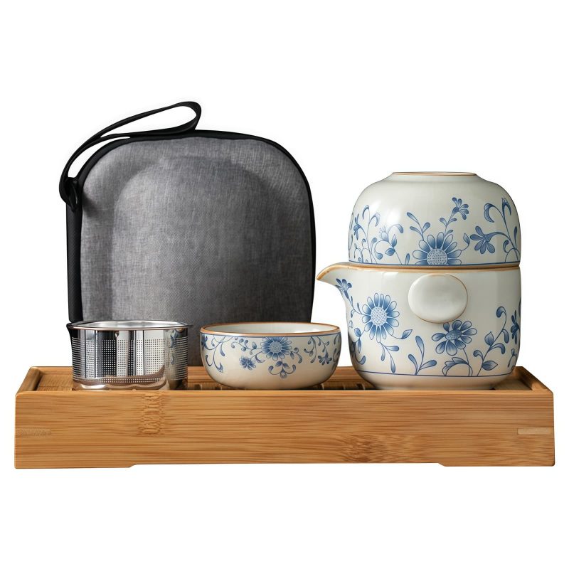 Blau-Weißes Vintage-Keramik Reise-Teeset mit Gaiwan, Sieb & Tasche Blue & White Vintage Ceramic Travel Gaiwan Tea Set w/ Strainer & Bag - 7