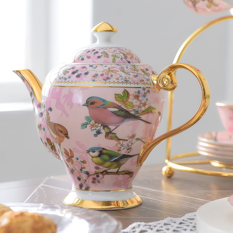 Teeservice „Pink Bird“ aus feinem Bone China mit Goldakzenten Pink Bird Bone China Tea Set with Gold Accents | Elegant English Teapot Set - 2