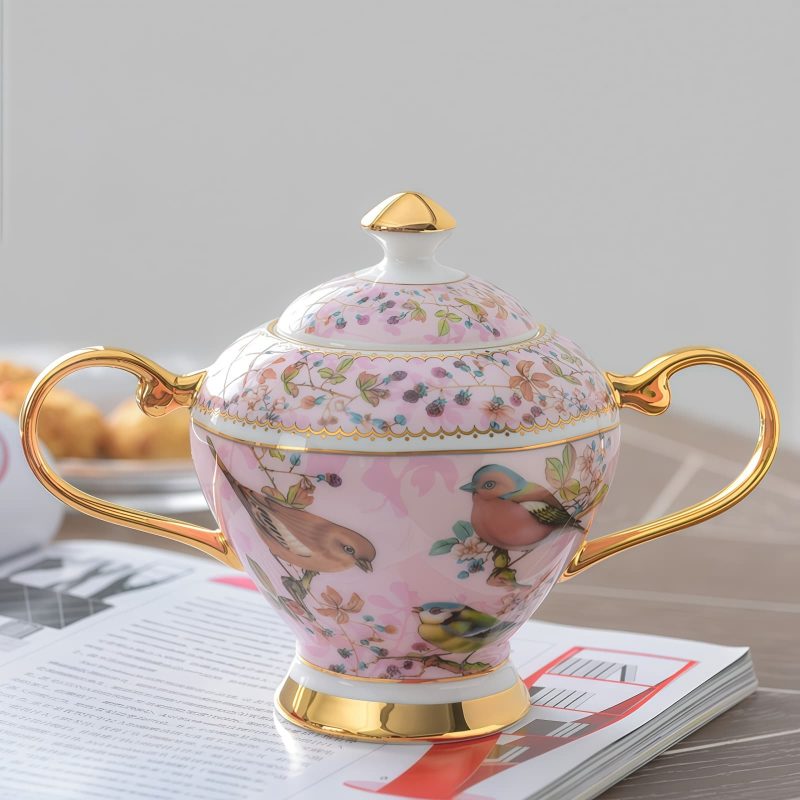 Teeservice „Pink Bird“ aus feinem Bone China mit Goldakzenten Pink Bird Bone China Tea Set with Gold Accents | Elegant English Teapot Set - 4