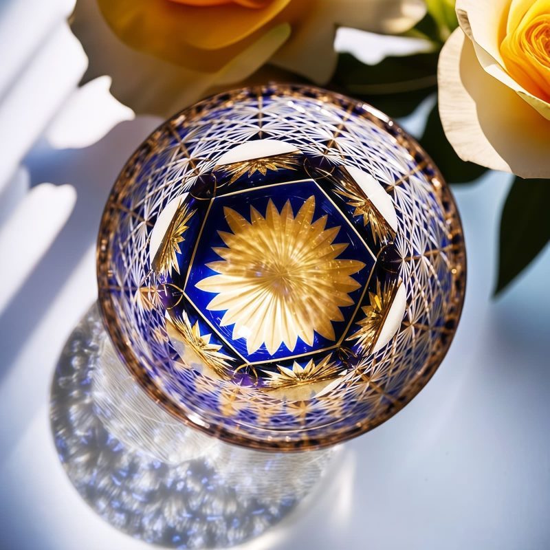 Edo Kiriko Blue Wave Daisy Whisky Glass - Handcrafted Japanese Art - 6